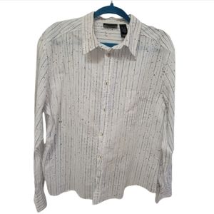 DKNY White Button Women's XL Shirt Blue Splatter Stripe Blouse
